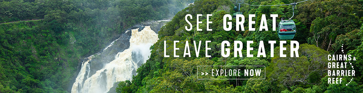Explore Cairns and the Great Barrier Reef Barron Falls rainforest view with Skyrail in Cairns promoting local tourism