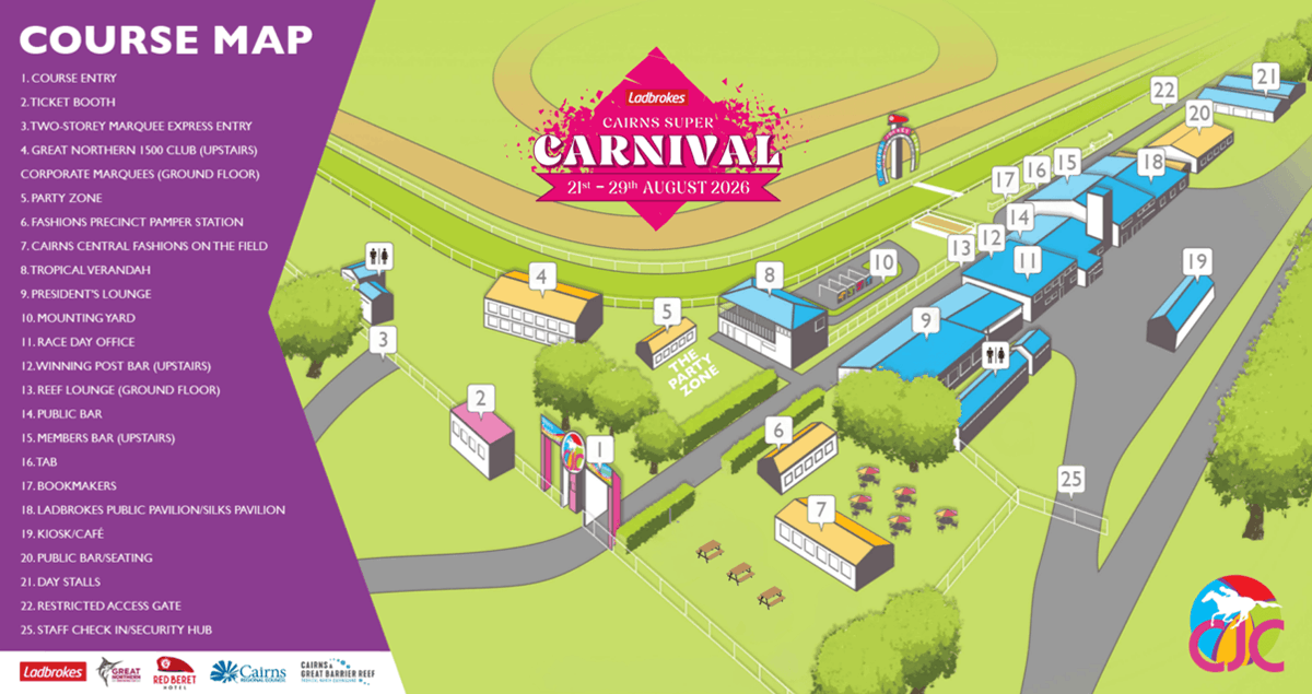 2026 Ladbrokes Cannon Park Course Map – Cairns Super Carnival Event Layout Illustrated course map of Ladbrokes Cannon Park for the Cairns Super Carnival 2026 showing event zones, entry points, pavilions, bars, and facilities